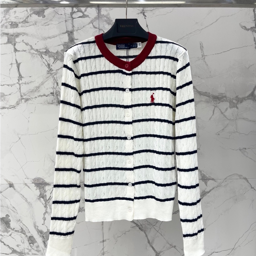 Polo by Ralph Lauren White Cable-Knit Cardigan with Navy Stripes and Red Trim